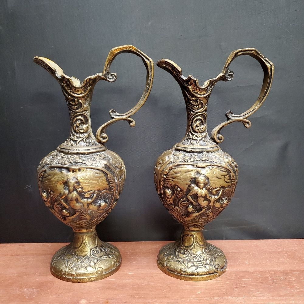 Antique Ornate Victorian Brass Cherub Ewer Pitcher Pair